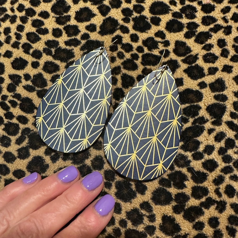 Geometric Blue & Gold Leather Teardrop Earrings - Picture 7 of 8